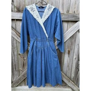 Vintage Mizz Lizz Denim Midi Dress Lace Collar Blue Cotton 80s Prairie Size 9/10